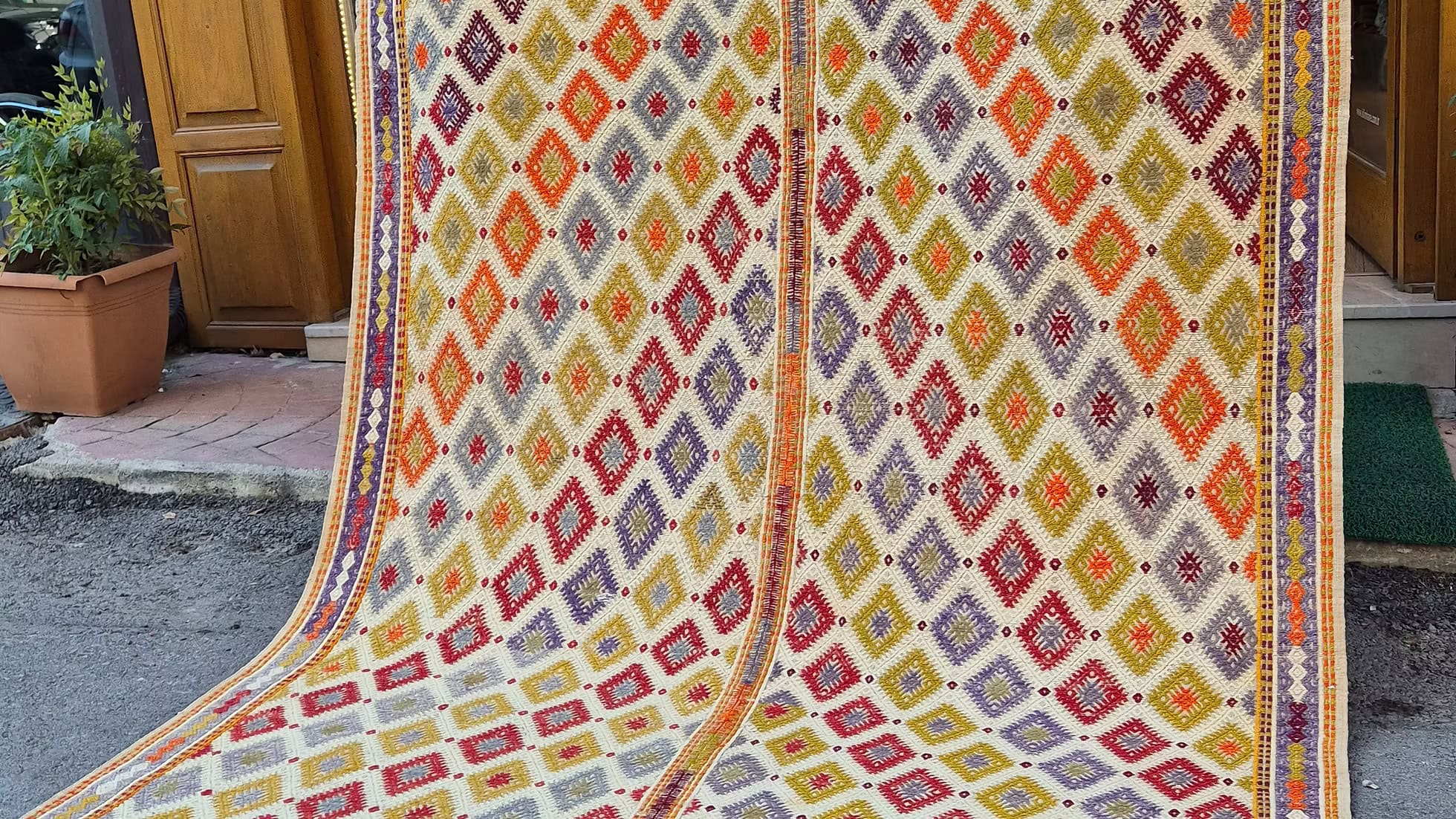 Sustainable Antique Turkish Cecim Kilim Rug with Vibrant Jewel Hues for Mid-Century or Eclectic Interiors