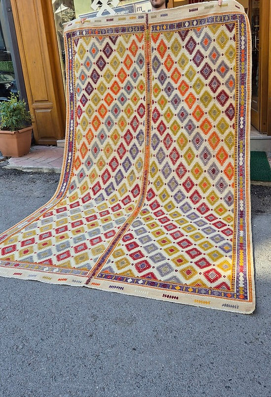 Sustainable Antique Turkish Cecim Kilim Rug with Vibrant Jewel Hues for Mid-Century or Eclectic Interiors