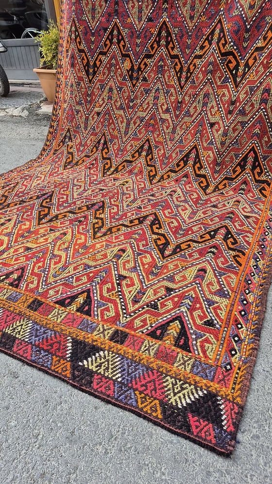 Mid-Century Handwoven Kilim Rug — Authentic Anatolian craftsmanship in a large 6 by 11-foot statement piece.