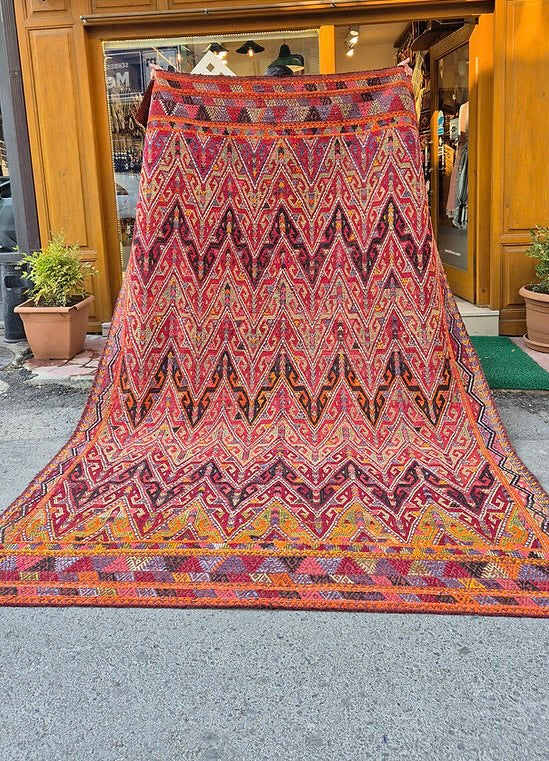 Vintage Turkish Traditional Kilim Rug in Pomegranate Red and Lilac tones — perfect for interior designers seeking authentic and unique NYC rugs by Kilim Couture New York.