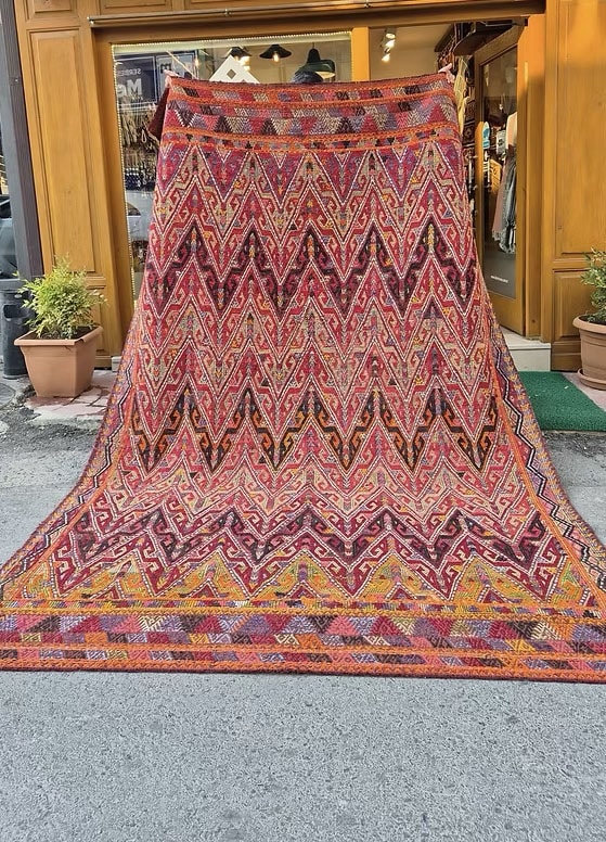 Vintage Turkish Traditional Kilim Rug in Pomegranate Red and Lilac tones — perfect for interior designers seeking authentic and unique NYC rugs by Kilim Couture New York.