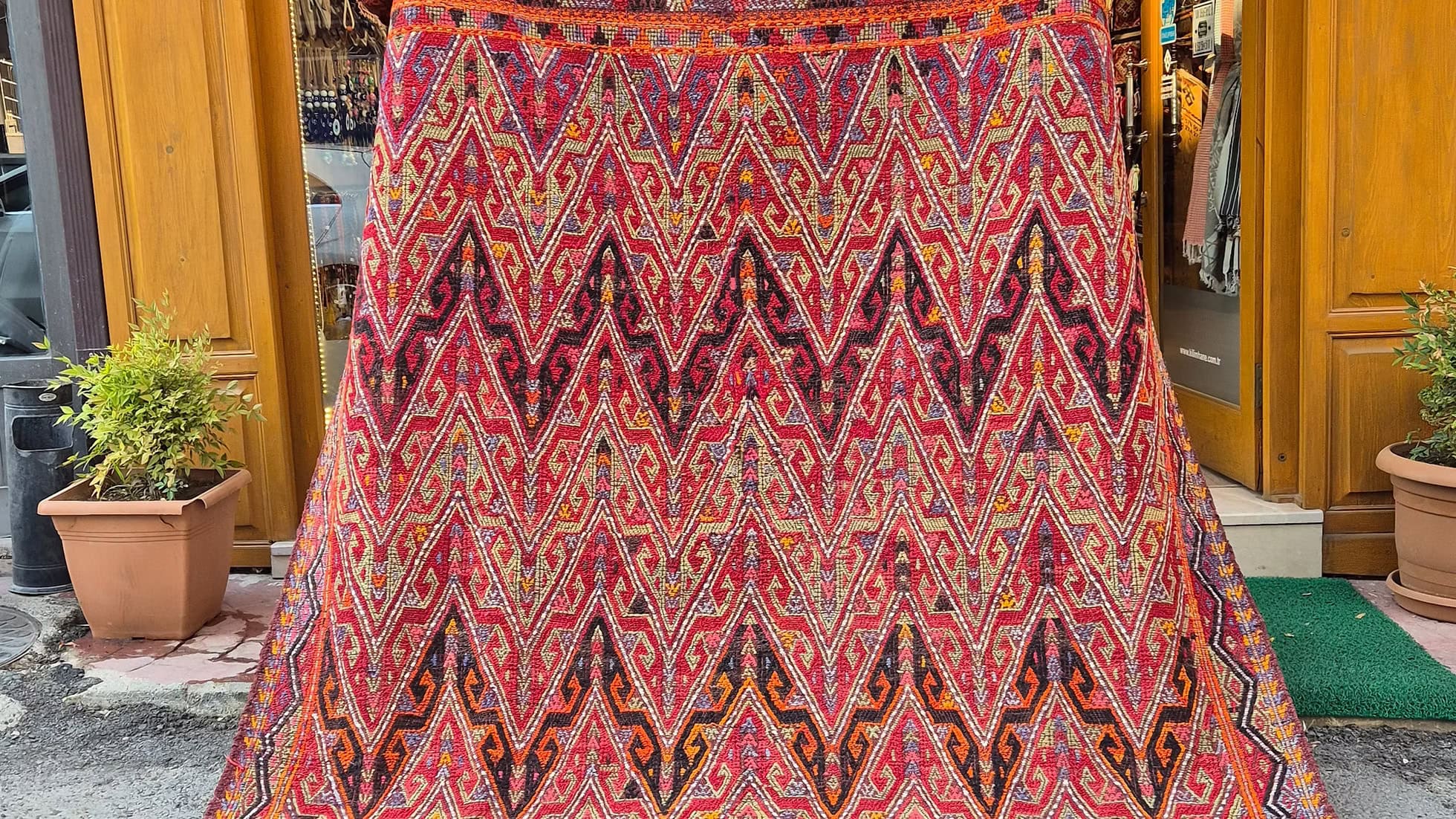 Vintage Turkish Traditional Kilim Rug in Pomegranate Red and Lilac tones — perfect for interior designers seeking authentic and unique NYC rugs by Kilim Couture New York.
