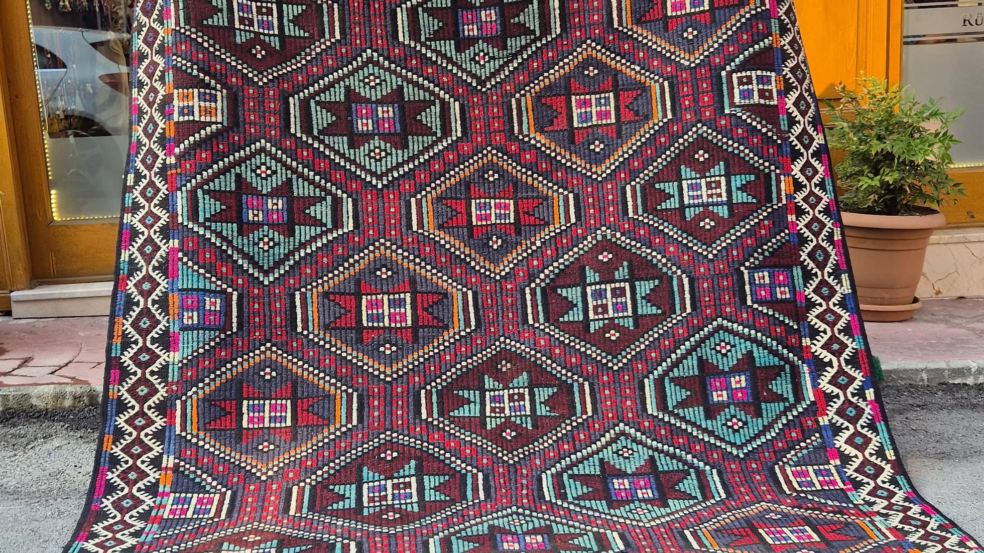 Vintage Turkish Tribal Cecim Kilim in Jewel Tones with Star Motifs