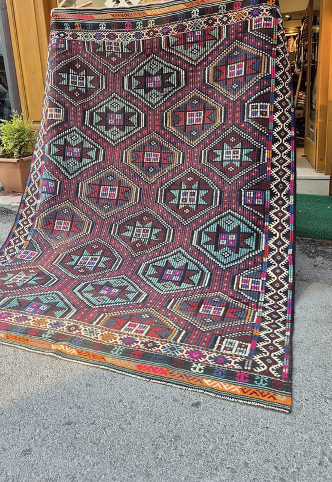 Vintage Colorful Handwoven Turkish Rug for a Refined New York Interior Setting