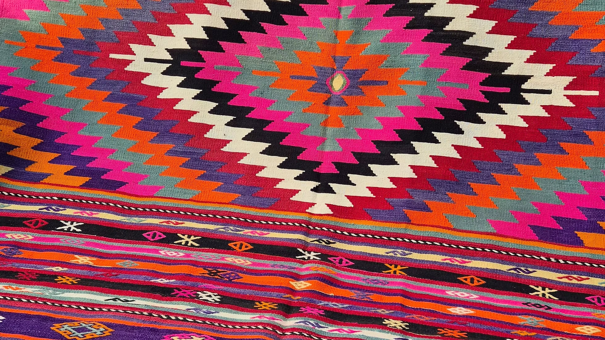 Colorful geometric patterned 7x10 Turkish mid-century flat-weave rug, perfect for collectors and high-end interiors