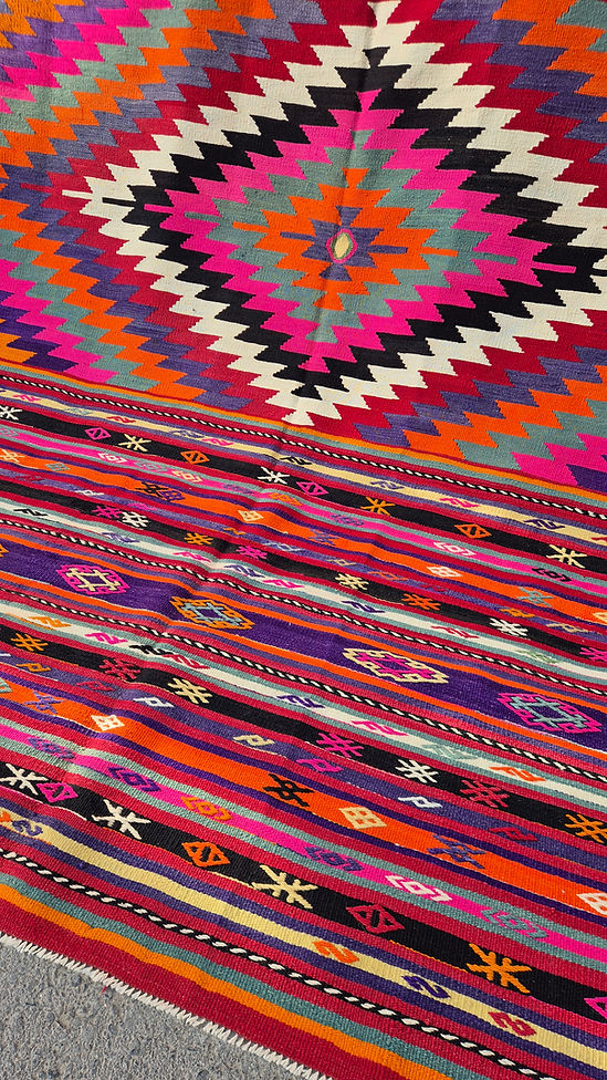 Luxury interior statement rug: hybrid Manisa kilim with cecim embroidery in Raspberry Glaze, ideal for living rooms, bedrooms, and entryways