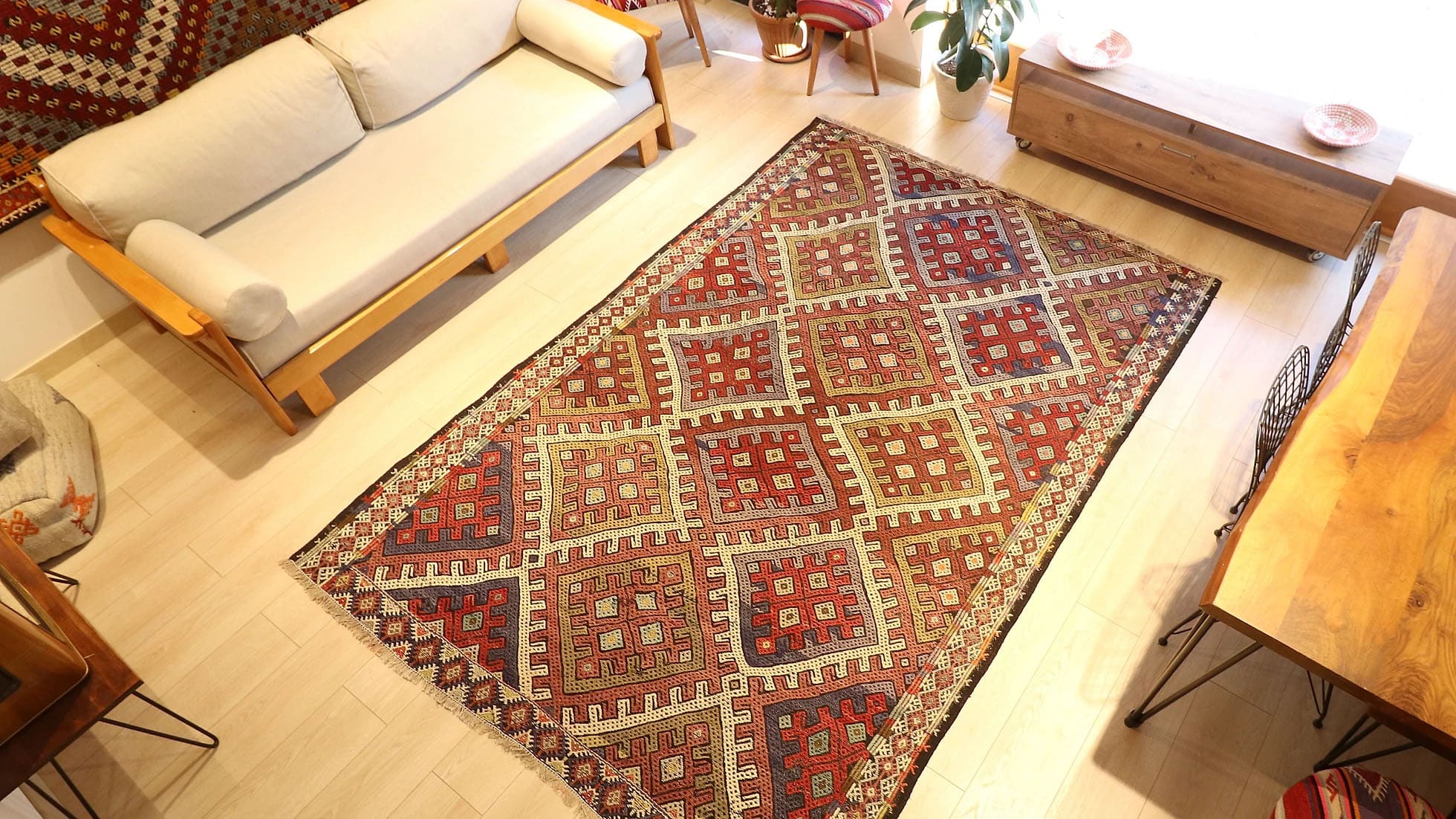 Vintage Turkish handwoven Konya Cecim Kilim from the 1940s, 6x9 ft, crafted with wool and cotton. Features earthy tones, intricate patterns, and traditional motifs, blending rustic elegance with timeless craftsmanship.