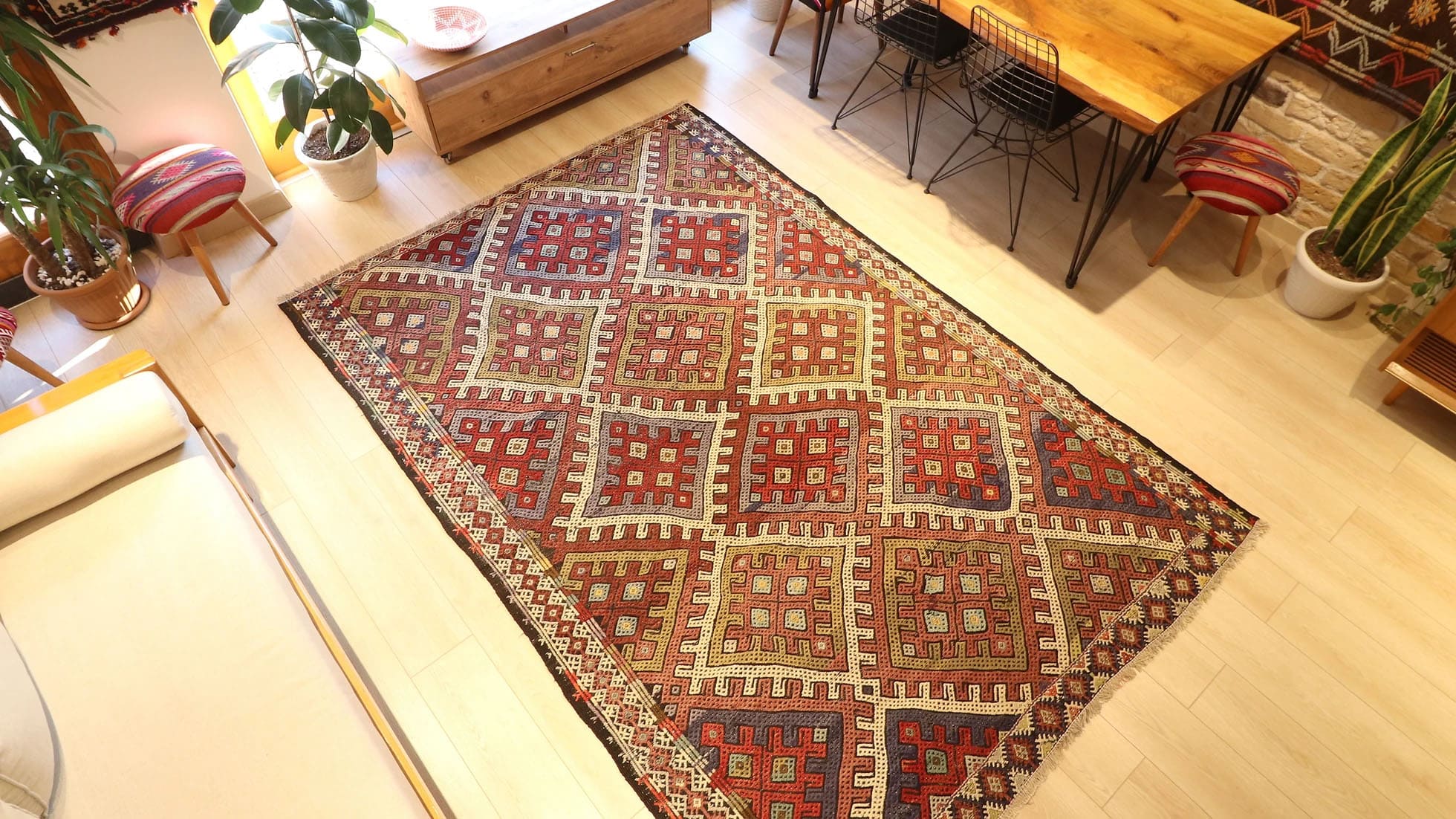 Vintage Turkish handwoven Konya Cecim Kilim from the 1940s, 6x9 ft, crafted with wool and cotton. Features earthy tones, intricate patterns, and traditional motifs, blending rustic elegance with timeless craftsmanship.