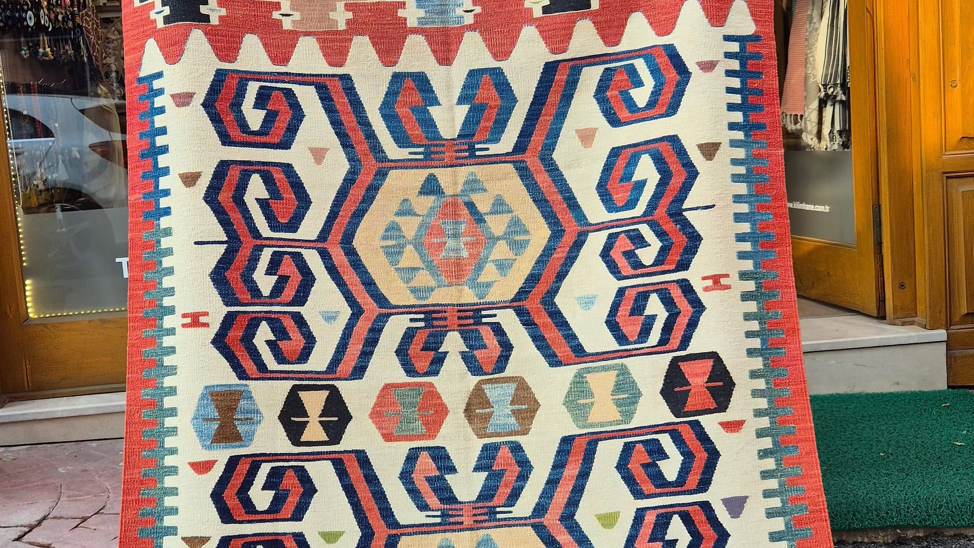 Rare artisan Turkish flat-weave rug in subtle clay, ivory, and blue hues for mid-century home decor