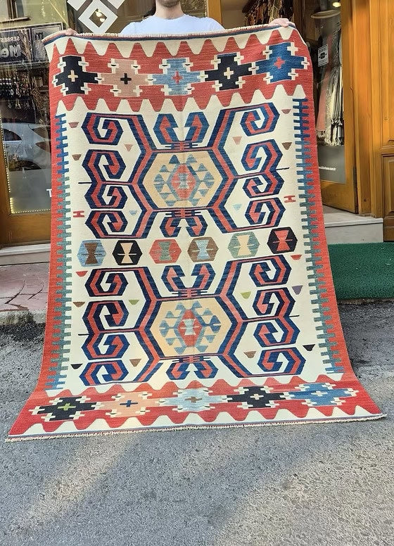 Vintage Turkish Handwoven Rug | Konya Traditional Kilim with Hands on Hips Medallions in Cappadocia Clay / Weathered Denim / Antique Ivory