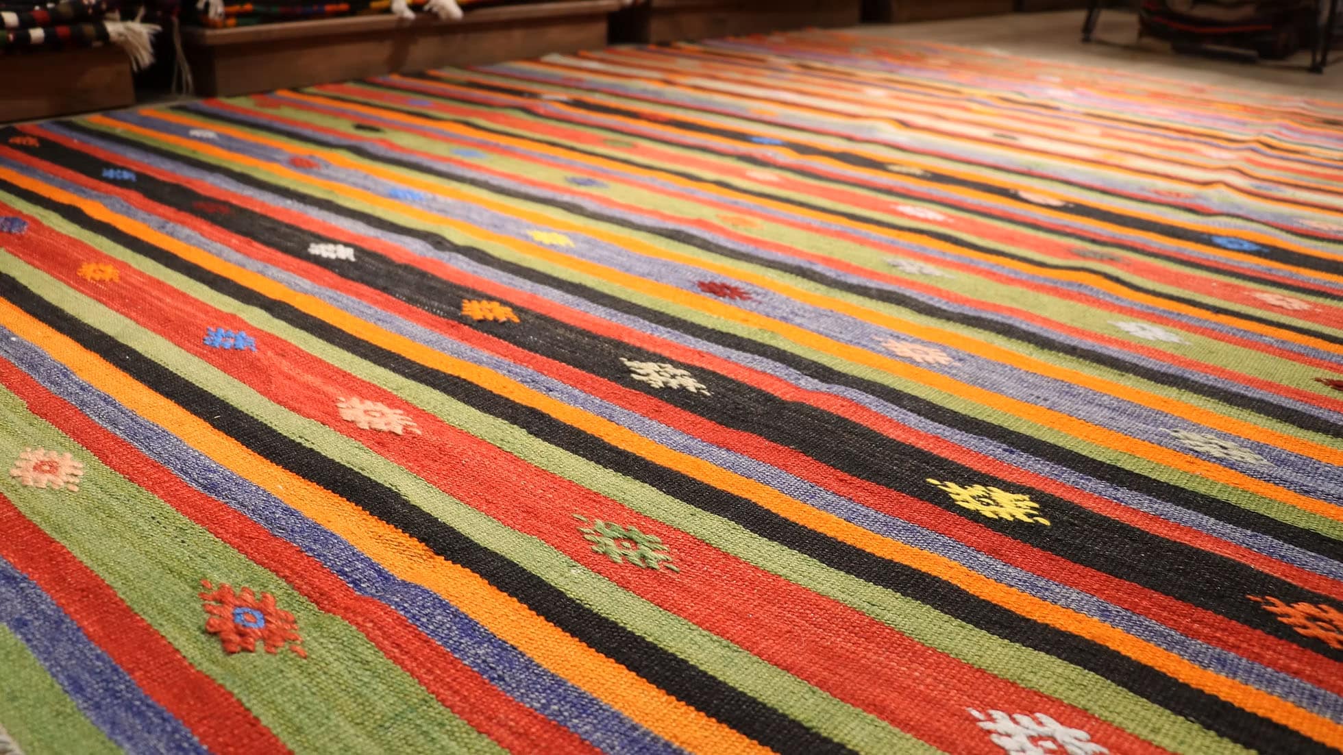 Traditional striped rustic rug, 6x9 feet, with vintage tribal design and vibrant colors, perfect for living room, dining room, or hallway