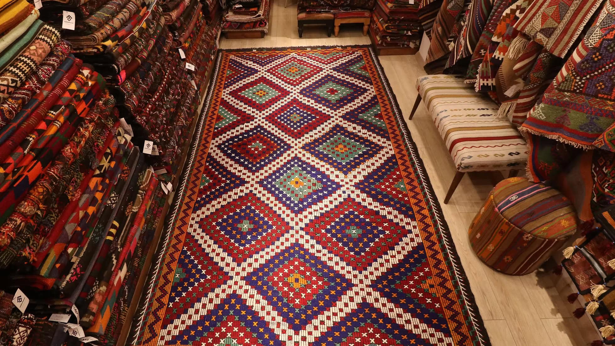 Authentic Turkish Tribal Geometric Rug 6x12 ft Handwoven in Bold Red, Ivory and Blue Tones