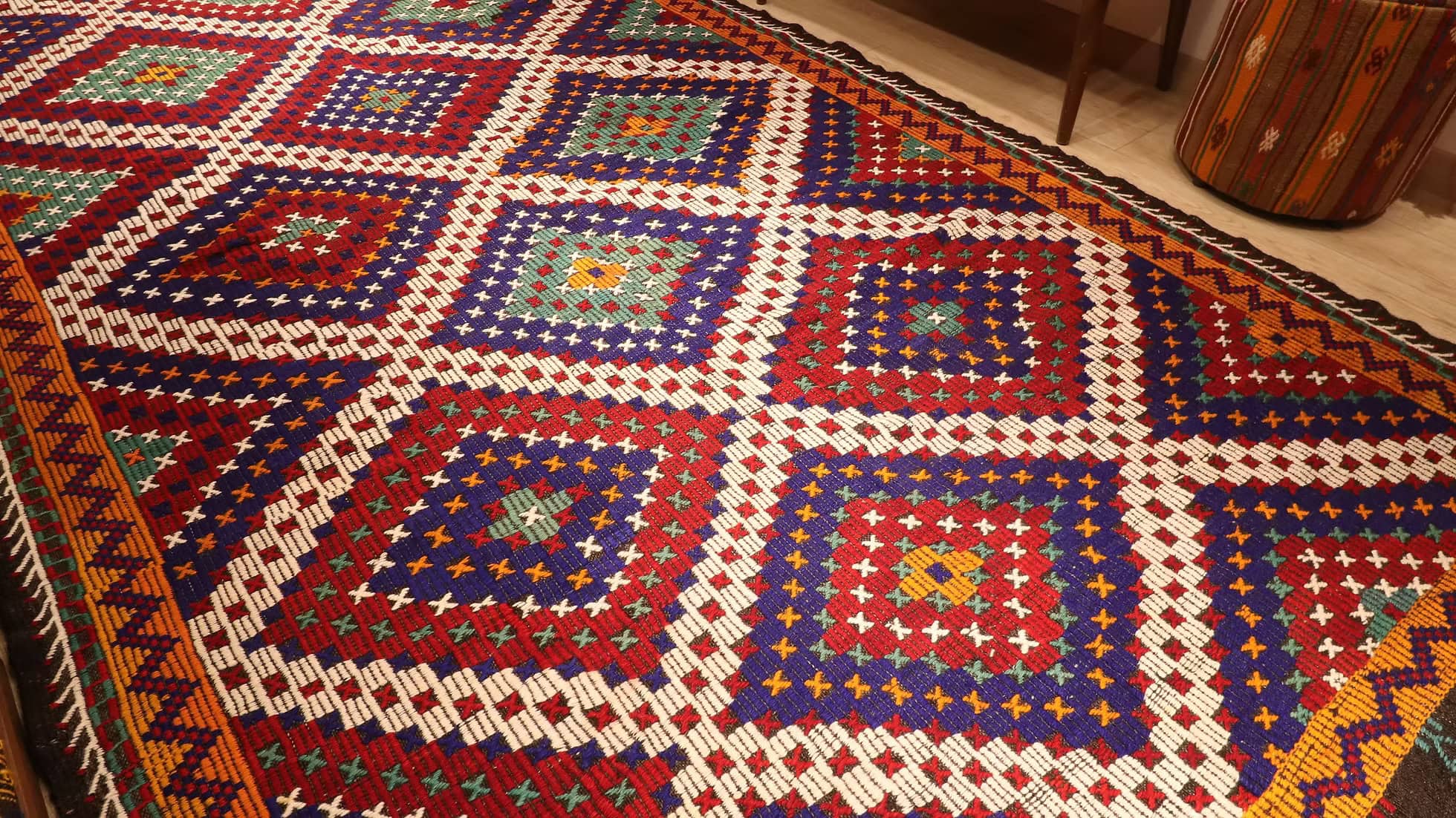 Large Turkish Colorful Quilt with Lozenge Patterns in Crimson, Amethyst, and Saffron Accents, 1960s Heirloom