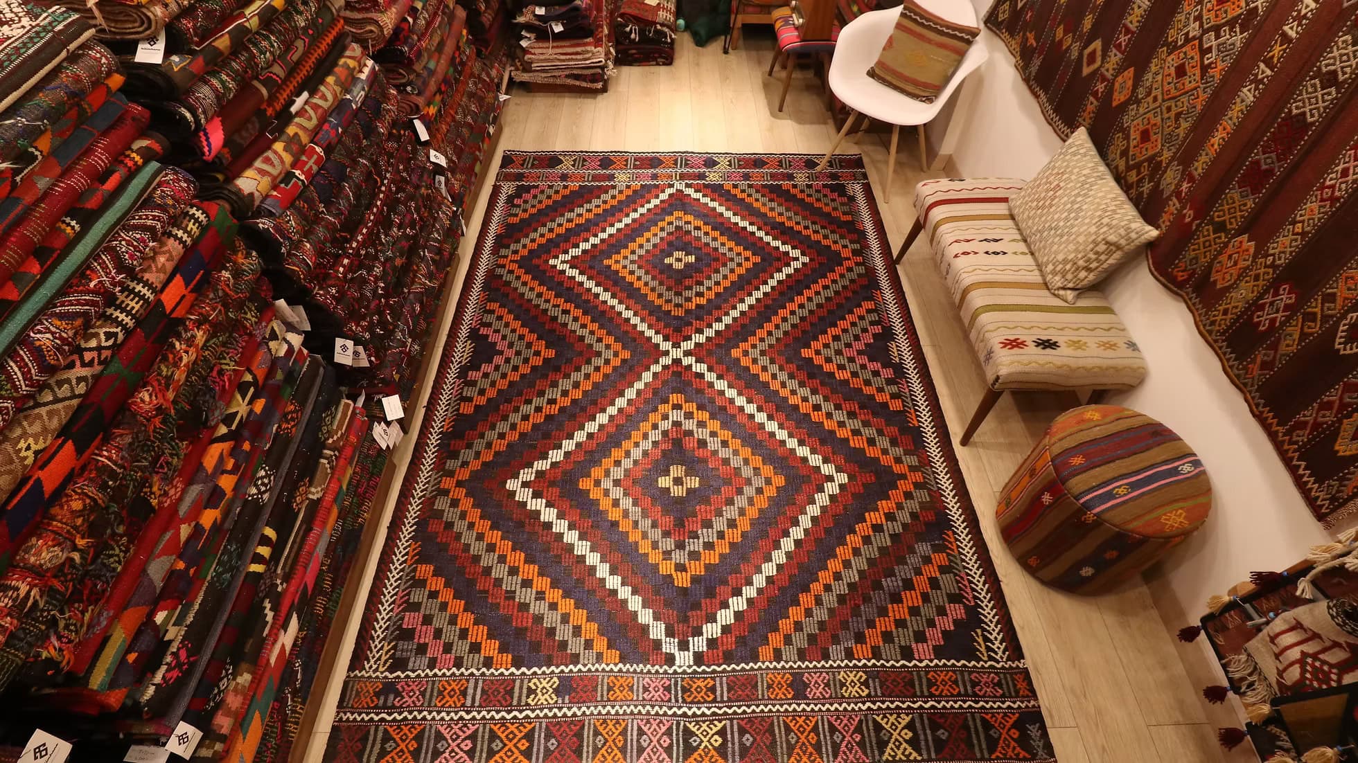 Mid-Century Turkish Cecim Kilim rug from Manisa, 1960s, handwoven in pink, orange, black, gray and navy