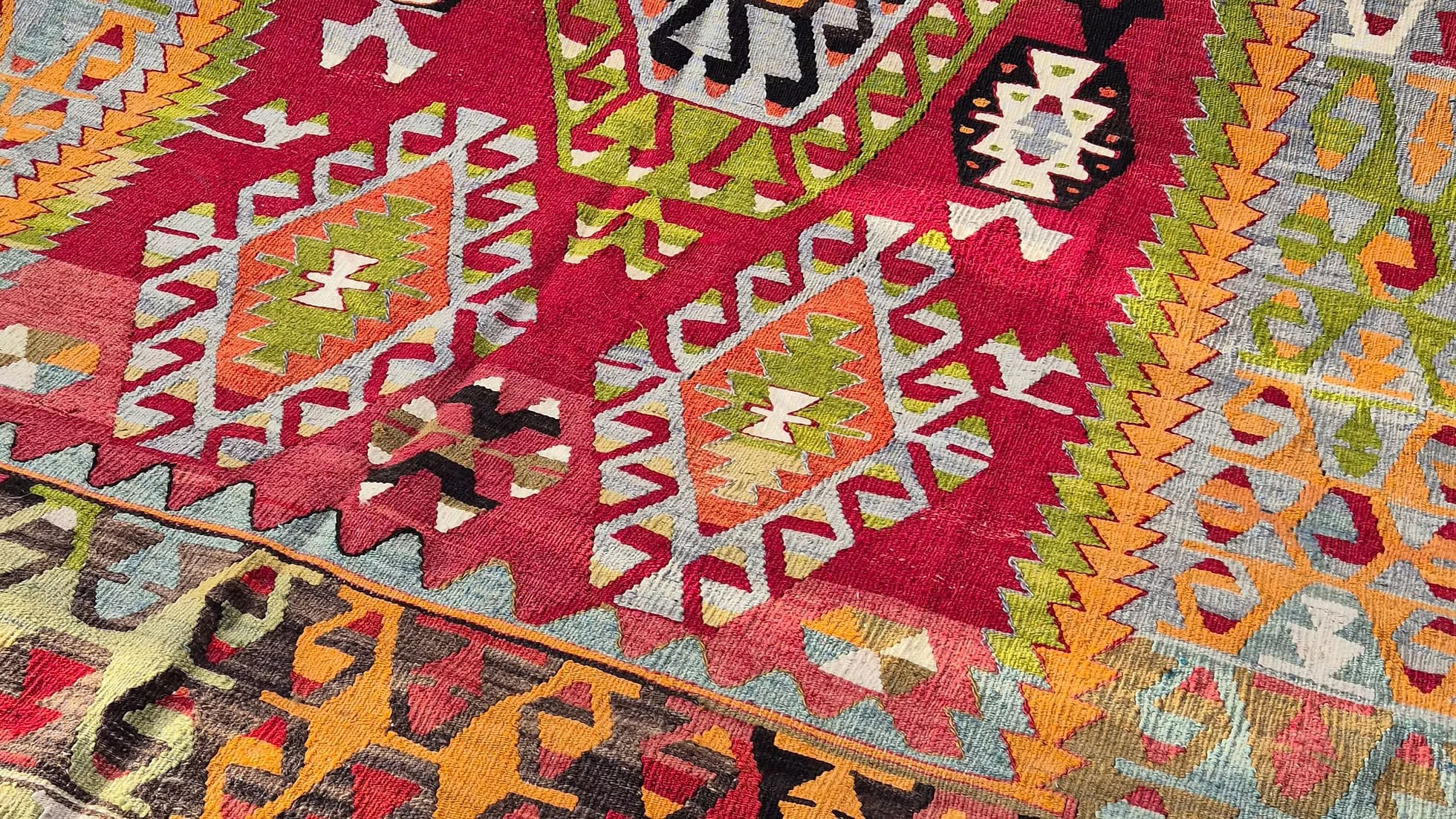 Handpicked flat-weave Kilim Couture rug from Turkey, featuring multi-layered medallion design, soft patina, and heirloom-quality craftsmanship.