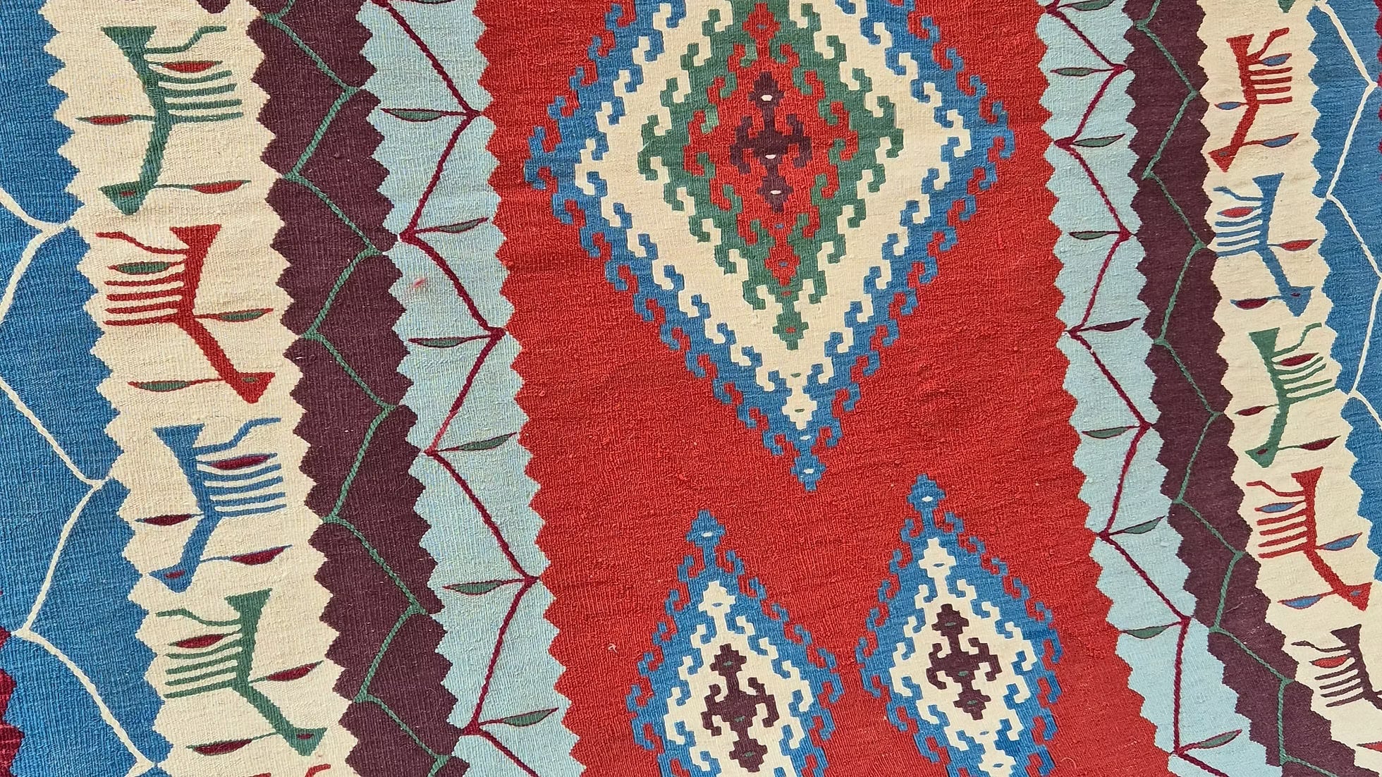 Authentic vintage Oushak flat-weave rug with rich traditional motifs and warm color palette
