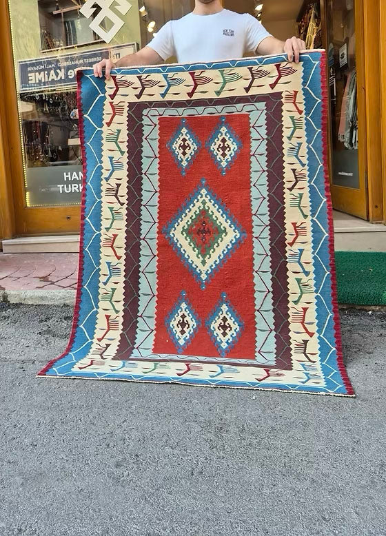 Decorative Turkish tradiitonal rug with geometric patterns 
