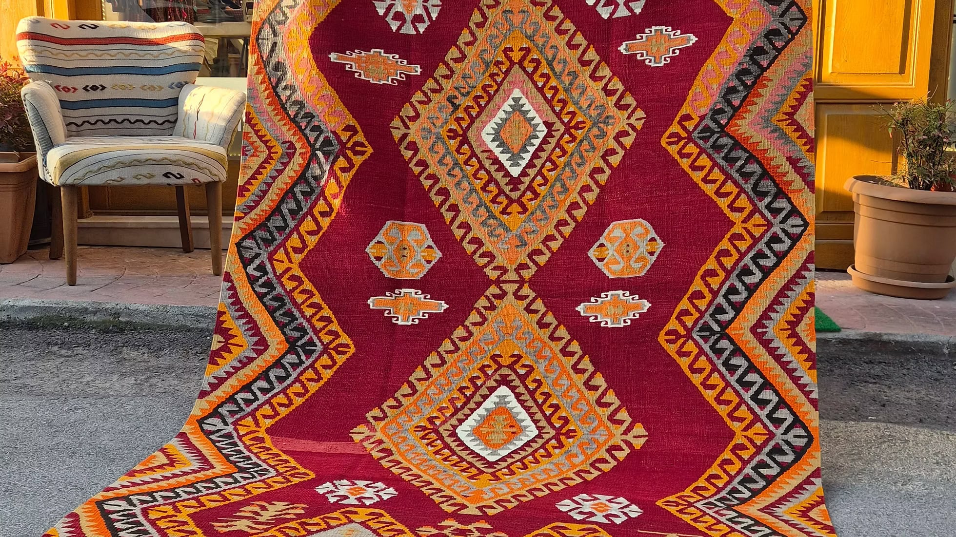 Designer-selected vintage Turkish kilim rug with primitive modern geometry and rich wool texture