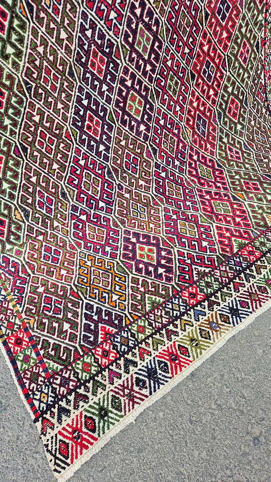 Close-up of one-of-a-kind vintage Turkish cecim rug with playful contemporary palette by Kilim Couture New York Rug Gallery