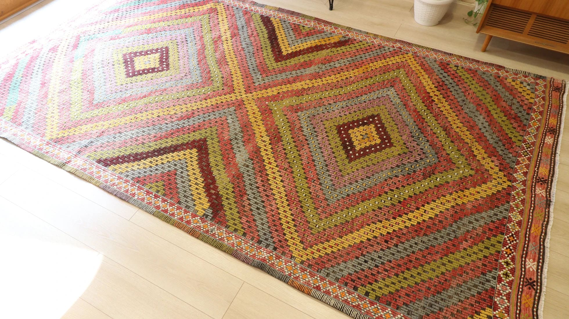 Vintage Turkish Kilim Runner in Pastel Diamond Patterns 