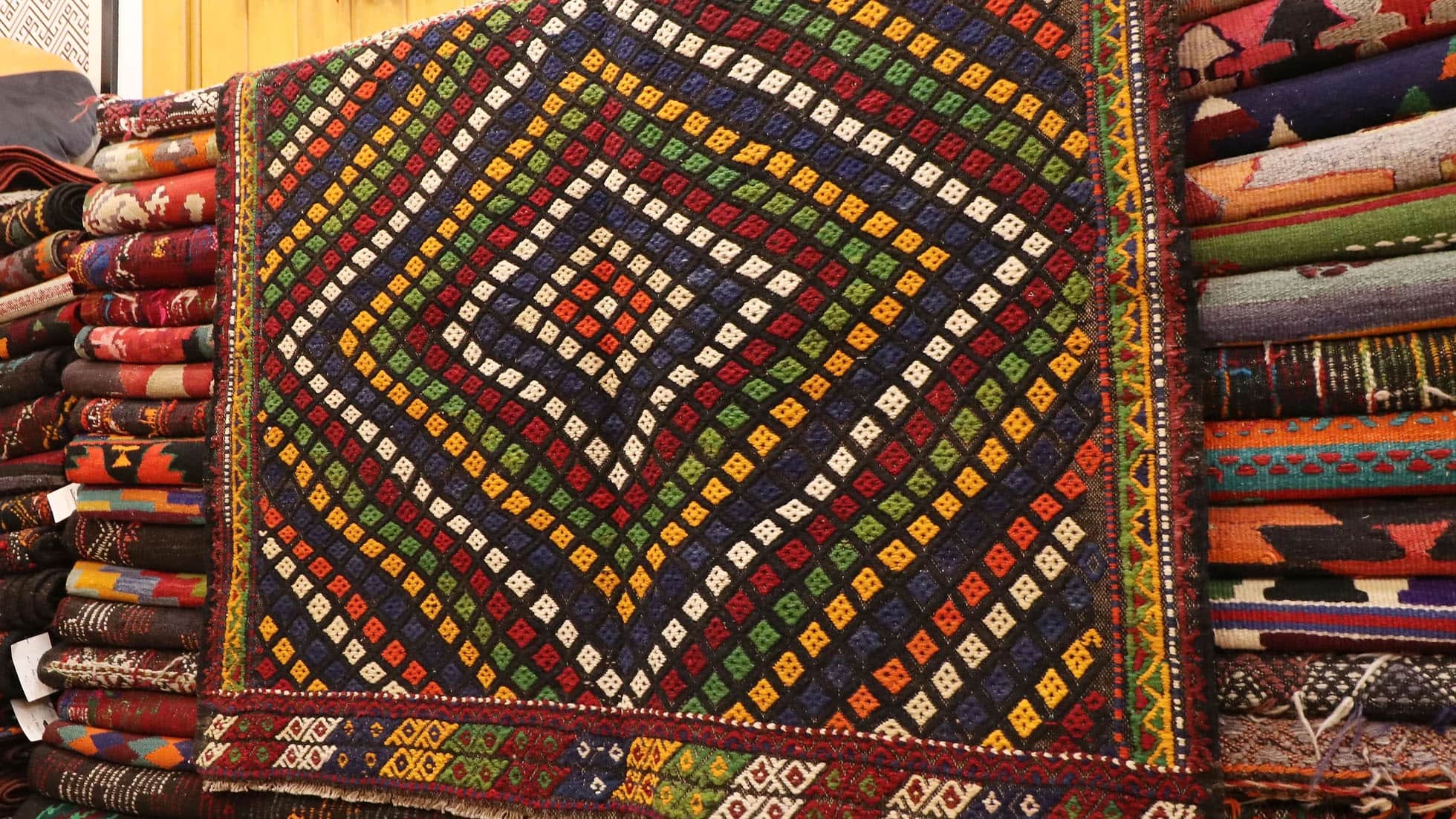 a precious mid-century tribal Kurdish flat-weave rug from Sivas, Turkey for small areas in many colors