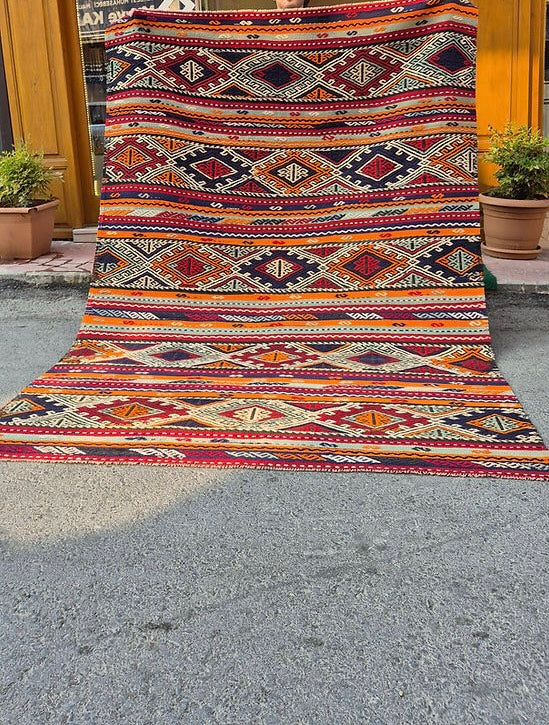 Textural Turkish large area rug measuring 6x9, ideal for modern organic, rustic and bohemian interiors.