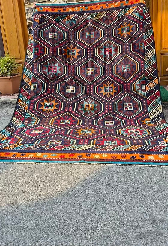Vintage Turkish cecim kilim rug handwoven in Denizli, large area rug for living room or foyer, mid-century tribal flatweave textile